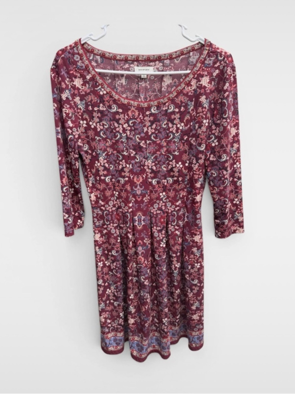 Max Studio Burgundy Boho Paisley Scoop-Neck 3/4 Sleeve Dress